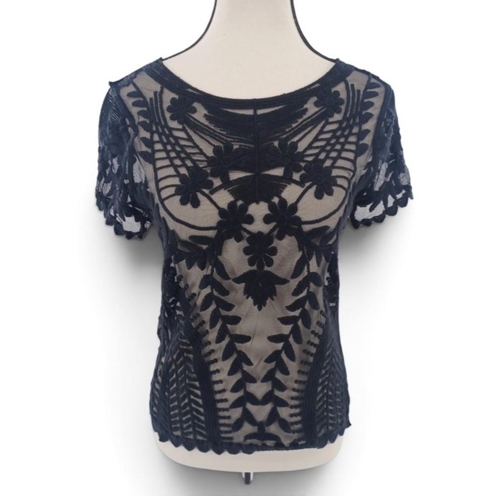 Dex Embroidered Mesh Top Women XS Black Floral Sheer Scalloped Short Sleeve Goth